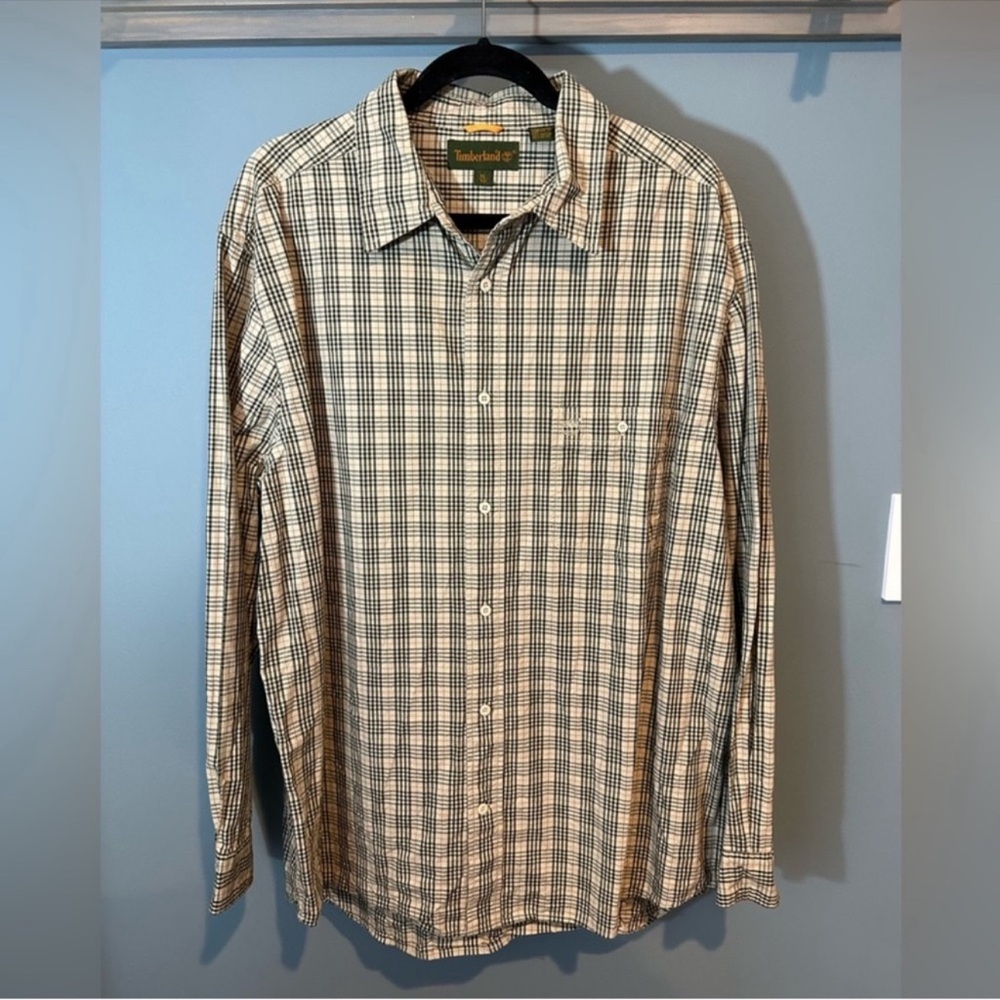 Timberland Button Up Long Sleeve Midweight Shirt in Tan with Black/Red Plaid
